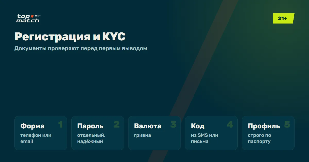 Регистрация в БК Топматч и KYC: пять шагов от формы до профиля по паспорту