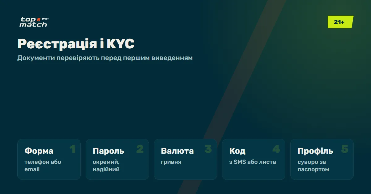 Реєстрація в БК Топматч і KYC: п'ять кроків від форми до профілю за паспортом